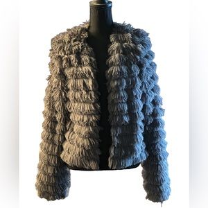 Gray shag faux fur long sleeve open over coat size M